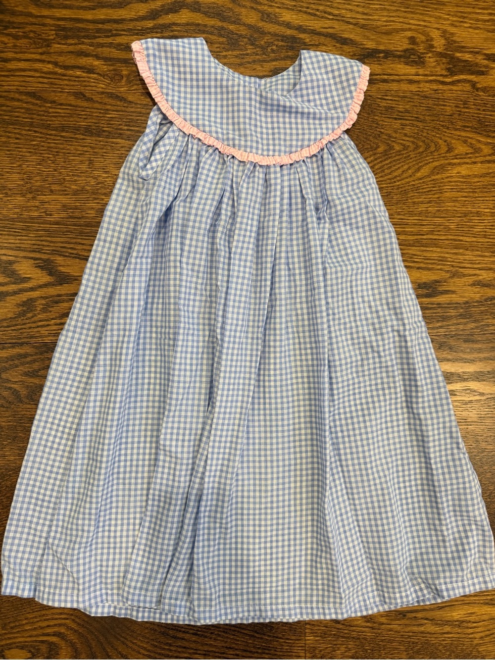 Blue Gingham Girls' Formal Dress with Pink Ruffle Collar
